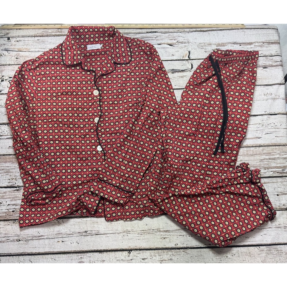 The Cats Pajamas Red Geometric 100% Cotton Long Sleeve Top Pants Womens Set Lg